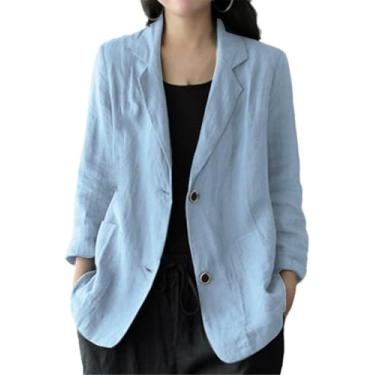 Imagem de Outono Ol Terno Blazers, Casual Lapela Sólida Jaquetas Finas, Mulheres De Manga Longa Algodão Linho Casacos Outwear, Light Blue, 3XL