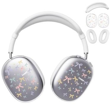 Imagem de BlHMCASE Capa de fone de ouvido para AirPods Max, capa de fone de ouvido transparente com laço colorido fofo, capa de silicone branca para fones de ouvido para Apple AirPods Max