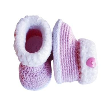 Imagem de Pantufa de Crochê para Bebê, 100% Algodão, Rosa e Branco, 0-3 Meses, Floral com Botão Decorativo (Branco e Vermelho P, BR, Bebê, Alfa, G, G)