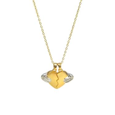 Imagem de DIAMANTIO Colar com pingente de coração partido banhado a ouro 18K – Estilo Claddagh dividido com mãos prateadas para casais ou amizade
