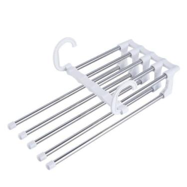 Imagem de Cabide Organizador Multi-Barras em Aço Inox, 32cm x 14,5cm, 5 Barras para Calças e Acessórios, Branco