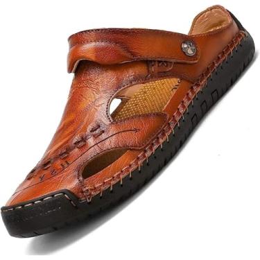 Imagem de Sandálias Masculinas De Couro Macio De Couro Fechado Sandálias De Praia Para Caminhadas Ao Ar Livre Verão Masculino Respirável Slip-on Chinelo Mocassim Suporte De Ar, Light Brown, 8.5 UK