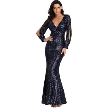 Imagem de Vestido Longo De Coquetel De Noite Sereia Vestido De Festa Longo Formal Feminino Vestido De Baile Manga Longa Elegante Vestido Maxi De Lantejoulas, Green1, XL(Bust:101-106cm)