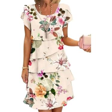 Imagem de Vestido Cascata Com Estampa Floral Multi-planta, Vestidos Casuais De Verão Com Estampa Boho Para Mulheres Com Bainha Em Cascata, Beige, L