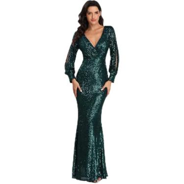 Imagem de Vestido Longo De Coquetel De Noite Sereia Vestido De Festa Longo Formal Feminino Vestido De Baile Manga Longa Elegante Vestido Maxi De Lantejoulas, Green2, M(Bust:91-96cm)