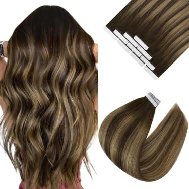 Imagem de VeSunny Fita de extensões de cabelo humano em balayage marrom escuro #4 Balayage marrom #27 extensões de cabelo humano caramelo loiro fita em extensões de cabelo Remy liso sedoso 30,5 cm 20 peças 40 g