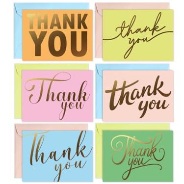 Imagem de easykart labels Cartões de agradecimento com envelopes - Papéis elegantes em branco para mensagens manuscritas - Conjunto de 6 designs de 24 e envelopes - Cartões fofos sortidos com capas de cores