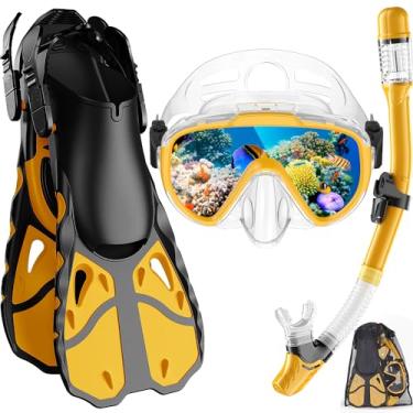 Imagem de Vengreedo Conjunto De Snorkel Com Nadadeiras Para Adultos, Equipamento Mergulho Homens E Mulheres, Snorkel, Máscara, Bolsa Viagem Parte Superior Seca, Mergulho, Natação, Amarelo