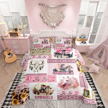 Imagem de Feelyou Conjunto de edredom casal de cowgirl ocidental, estampa de pele de vaca do oeste selvagem, girassol, exótico, xadrez, rosa, casa de fazenda, conjunto de edredom marrom com 3 peças