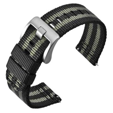Imagem de ANNEFIT Pulseiras de relógio masculinas de liberação rápida de 26 mm, de nylon balístico militar, fivela prata escovada de aço inoxidável resistente (preta/cinza)