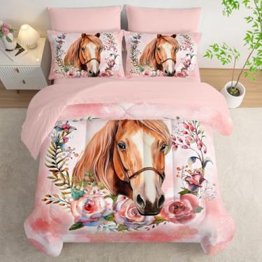 Imagem de AILONEN Jogo de edredom casal com cavalo lindo, 7 peças, lençol com elástico, lençol com elástico, lençol de cima e 2 fronhas, microfibra macia rosa