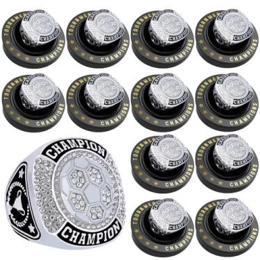 Imagem de daijbling 12 peças de anel de campeonato de futebol bola esportiva troféu presente com corrente de pescoço de exibição e suporte para campeão de torneio ou campeão da liga (12 anéis de futebol de