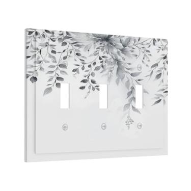 Imagem de Xuejiaku Placa de cobertura para interruptor de luz, cinza, branco, folhas de eucalipto, planta floral vintage, 3 gangs, placas decorativas de interruptor, placas de parede, placa elétrica para