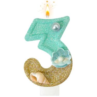 Imagem de Velas de aniversário, azul praia número 3 velas decoradas com conchas e pérolas para topo de bolo, adequado para decorações de bolo de sereia, decoração de aniversário com tema oceano (3 velas)