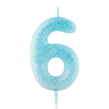 Imagem de Vela de aniversário de 6 anos com glitter azul número 6 velas luminosas de topo de bolo decorações de feliz aniversário para meninas, meninos, mulheres, comemorações, artigos de festa