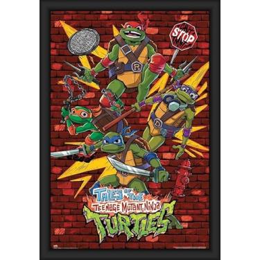 Imagem de BUY ART FOR LESS Pôster de arte emoldurado para parede de tijolos Tartarugas Ninja oficialmente licenciadas - 61 x 91 cm - Moldura de madeira resistente com vidro plexi - Pronto para pendurar