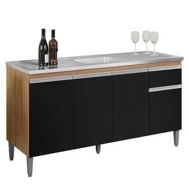 Imagem de Balcão Pia Tatiane 145cm 4 Portas sem Tampo - AJL Móveis Amêndoa/Preto