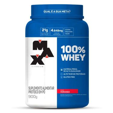 Imagem de 100% Whey Max Titanium Sabor Morango com 21g de Proteína 900g