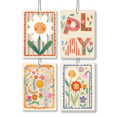 Imagem de JWVK Aromatizador de ar de lavanda para berçário de flores boêmio, vintage, floral, sol, lua, 4 peças, para carros, armário, gaveta, livros, acessórios de carro, decoração de espelho para mulheres