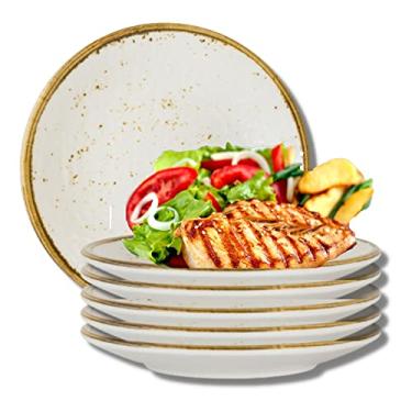 Imagem de Steelite International 68A540EL789 Prato de jantar médio de melamina, resistente, grau resistente a quebras, cupê artesanal redondo de 23 cm, borda marrom, salpicado rústico, conjunto com 6, creme