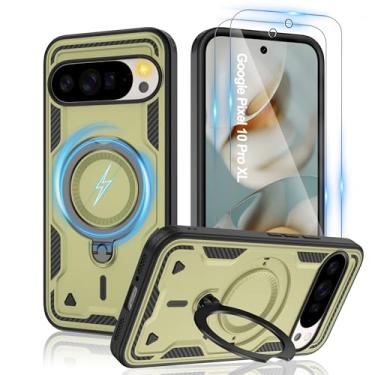 Imagem de Gritup Capa para Google Pixel 10 Pro XL: compatível com MagSafe | com protetor de tela HD × 2 | Suporte giratório de metal | Proteção à prova de quedas de grau militar | Antiimpressões digitais, verde