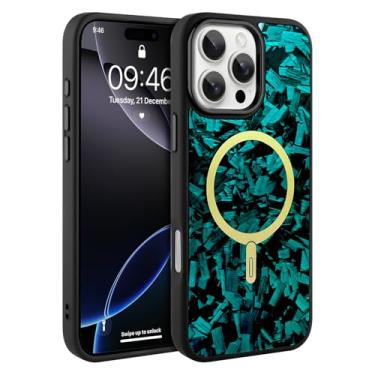 Imagem de AIGOMARA Capa magnética de fibra de carbono forjada para iPhone 16 Pro, compatível com Magsafe, capa de telefone protetora à prova de choque de TPU macio e fina e brilhante, verde