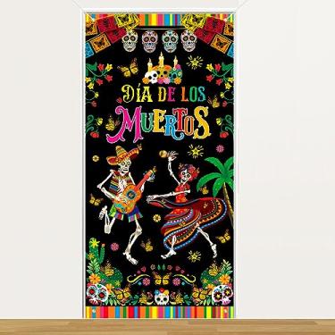 Imagem de HOWAF Dia De Los Muertos Capa de porta, Banner de porta de decoração de festa do Dia dos Mortos, faixa de boas-vindas de flor de calêndula de caveira de açúcar para Halloween Festa mexicana Dia De Los Muertos suprimentos de festa