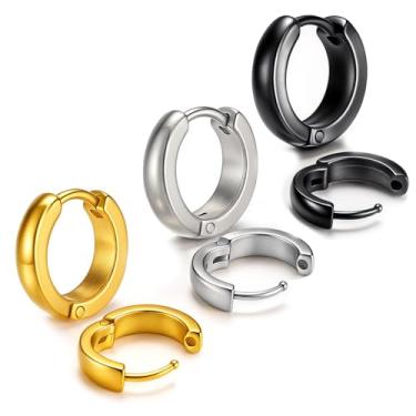 Imagem de Brincos de argola pequenos para homens e mulheres, 3 peças de brincos masculinos de 13 mm de aço inoxidável preto/ouro/prata, conjunto de joias masculinas para orelhas sensíveis