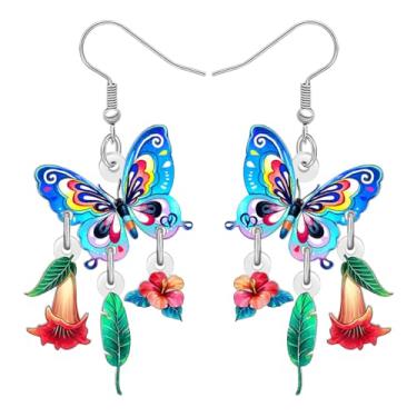 Imagem de BONSNY Brincos pendentes de borboleta de acrílico colorido design monarca azul com flores rosa insetos joias presentes para mulheres hipoalergênicos primavera verão presentes acessórios, Medium