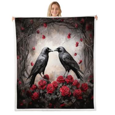 Imagem de Manfei Cobertor de lã rosa de corvo preto, cobertores de lã rústicos estilo casa de fazenda para decoração de quarto de crianças, meninas, meninos, cobertor sherpa, para cadeira/sofá, 127 cm x 152 cm