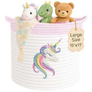 Imagem de Cesta de armazenamento de unicórnio para berçário – Caixa grande de corda de algodão de 38 cm x 28 cm com patch de feltro macio para animais – Organizador de brinquedos, cesto de roupa suja para bebês