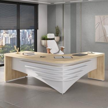Imagem de Kit com Mesa para Escritório Diretor em L e Cadeira de Escritório Presidente Lisboa Espresso Móveis Carvalho/Branco