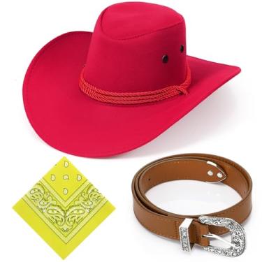 Imagem de Haysandy Chapéu masculino de cowboy com cintos bandana, chapéu de caubói de cowgirl, aba larga, acessórios de fantasia de vaqueira (vermelho)