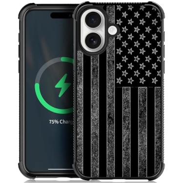 Imagem de ZHEGAILIAN Capa compatível com iPhone 16-5G, parte traseira de vidro temperado + silicone macio TPU proteção contra choque - bandeira americana preta e branca