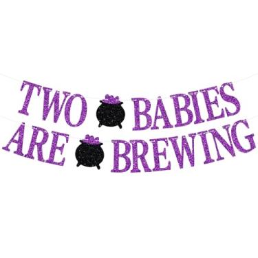 Imagem de Two Babies Are Brewing Banner, Halloween Twins Baby Shower Hanging Decorations, Halloween Witch Twins 1st Birthday Gender Reveal Party Decorations Supplies Purple Glitter