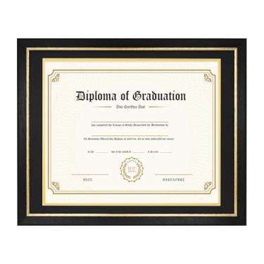 Imagem de FramePro Moldura para diploma de 35 x 43 cm com tapete preto sobre ouro, moldura de certificado de 40,6 x 50,8 cm, madeira real com acabamento dourado, moldura preta com vidro temperado
