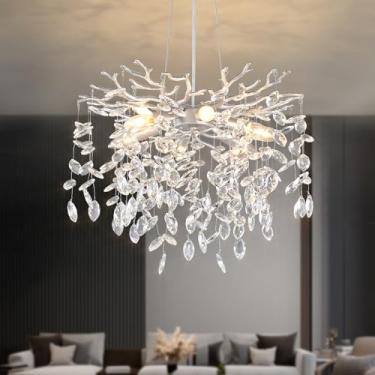 Imagem de EGM Lustres de cristal prata de 45,7 cm para sala de jantar, lustre de cristal moderno para quarto, lustre de ramo de árvore prateado de 6 luzes para sala de estar, lustres de folha de gota de chuva