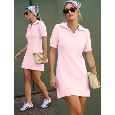 Imagem de Vestido Feminino Midi Curto Gola Polo Tricot Modal Manga Curta Botões 