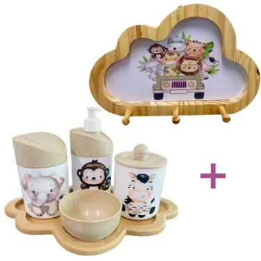 Imagem de Kit Higiene Bebê Safari Macaco, zebra e elefante + Cabideiro Infantil 