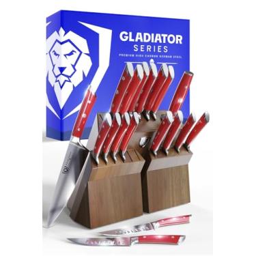 Imagem de DALSTRONG Knife Set Block - Conjunto de faca colossal - série de gladiador - alemão HC Steel - Red ABS Handles - Acacia Wood Stand - NSF certificado
