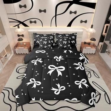 Imagem de Erosebridal Conjunto de cama casal de 7 peças com laço branco feminino, desenho animado de estrelas, estilo princesa, inclui edredom, conjunto de lençol, fronhas e fronhas para todas as estações
