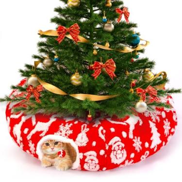 Imagem de Maansfy Cama de túnel de gato saia de árvore de natal para gatos internos, grande caverna de gato peekaboo decorativo natal túnel de rosquinha de gato multifuncional tubo de gato brinquedos
