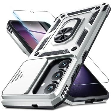 Imagem de Janmitta Compatível com Samsung Galaxy S25 FE Capa de lente de câmera deslizante embutida + protetor de tela + suporte de anel de dedo, capa de telefone de corpo inteiro resistente à prova de choque