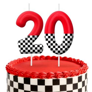 Imagem de Velas de aniversário de carro de corrida, decoração de topo de bolo de 6 cm, bandeira quadriculada número 20 velas, decorações de aniversário, decorações de bolo de festa de aniversário, suprimentos