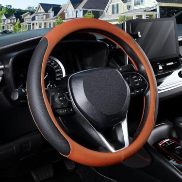 Imagem de SEG Direct Capa de volante para rodas de 37 a 38 cm, couro sintético respirável com laterais perfuradas, aderência antiderrapante, ajuste universal para carros e SUVs, preto e laranja