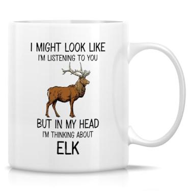 Imagem de Retreez Caneca engraçada – Caneca I'm Thinking About Elk – Caneca de café ou chá de cerâmica de 325 ml – Presente hilário para amantes de Wapiti, caçadores de alces, amantes da vida selvagem, zoólogo