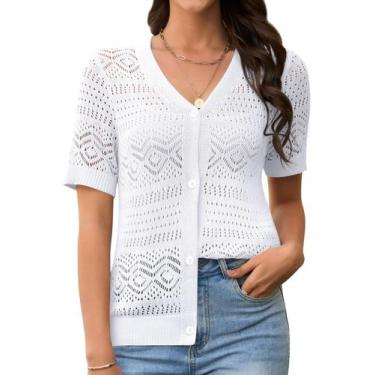 Imagem de Suéter cardigã Jiflora feminino tricotado em crochê branco XXL