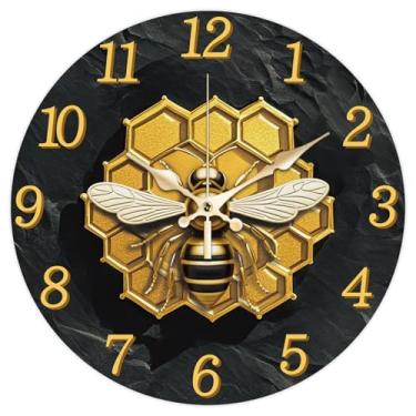 Imagem de CHGCRAFT Relógio de parede com textura dourada com padrão de abelhas, 30,5 cm, sem tique-taque, relógio redondo para pendurar na parede, operado por bateria para quarto, sala de estar, cozinha