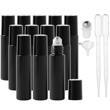 Imagem de Frascos de rolo de óleo essencial, frascos de perfume de vidro espesso de 10 ml com abridor de funil e conta-gotas, frascos vazios de vidro colorido com bolas de rolo de aço inoxidável (preto, pacote