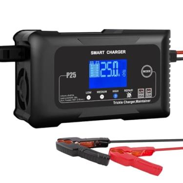 Imagem de Carregador e mantenedor de bateria inteligente para carro 12V/24V 25A,carregamento em 9 estágios com visor LCD,4 modo selecionáveis ​​para lítio/LiFePo4/chumbo-ácido/AGM-compatível com vários veículos